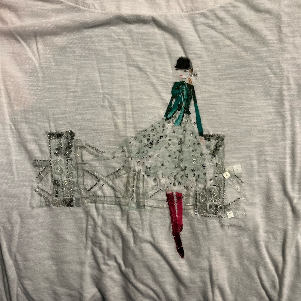 LOFT White Long Sleeved T Shirt w/sketch and sequins, S